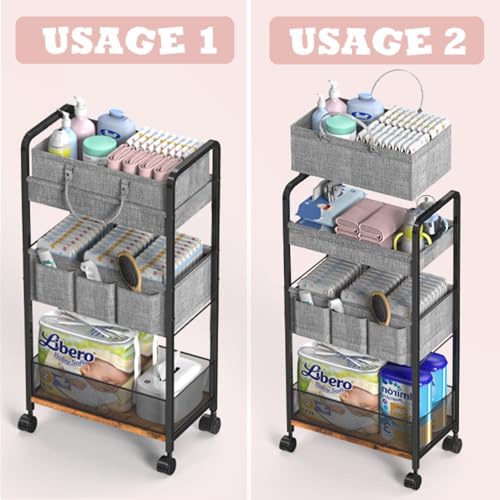 LIDTOP 2-in-1 Baby Diaper Caddy & 3-Tier Rolling Organizer Cart - Black