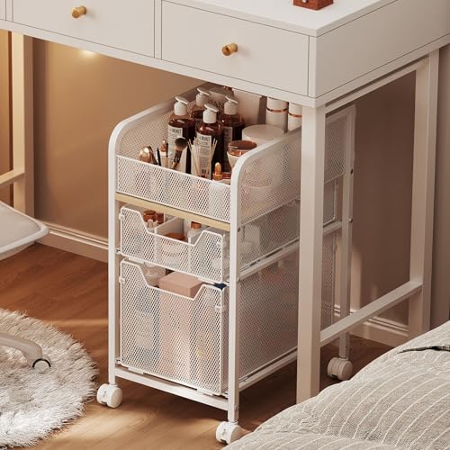 Hongtamoya White Narrow Rolling Makeup Cart with 2 Drawers - Under Desk Organizer