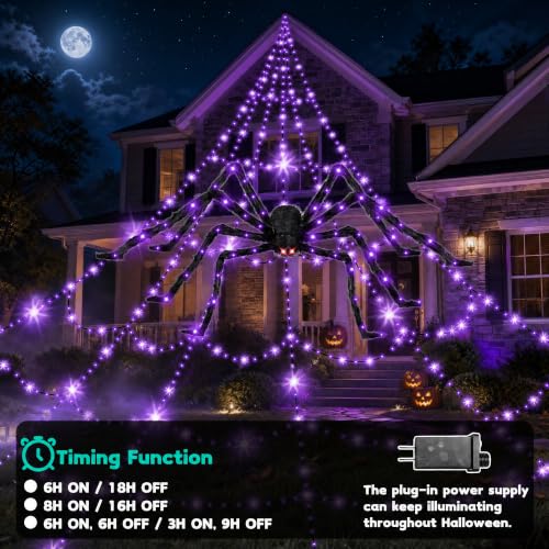 Halloween Spider Web Lights Outdoor 550 LEDs Purple & Orange with Remote & Timer - Waterproof Yard Decor