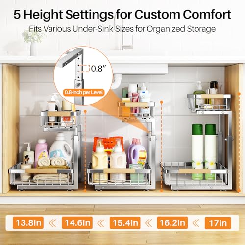 PXRACK Large Silver Under Sink Organizer 2-Tier Adjustable Pull-Out Cabinet Storage