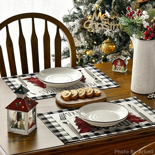 Artoid Mode Watercolor Buffalo Plaid Christmas Placemats – 8 Pcs, 12x18 Rectangular (Black/White)