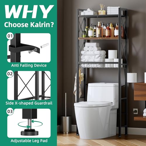 Kalrin Over The Toilet Storage Rack - Brown 3-Tier Bathroom Organizer with Drain Basket