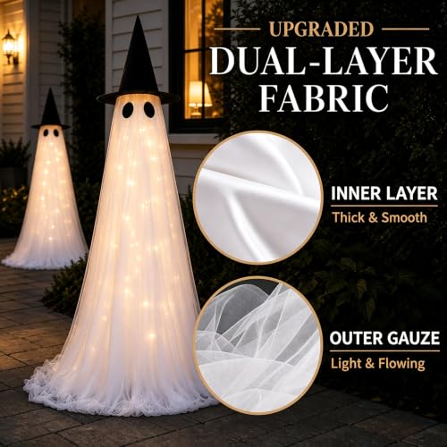 CheerBloom 2 Pack 5 Ft Large Light Up Ghost Decorations - Halloween Outdoor Decor, USB & Battery Powered, Remote Control, 8 Lighting Modes (Variant: 2PK-LARGE-LED-GHOST)