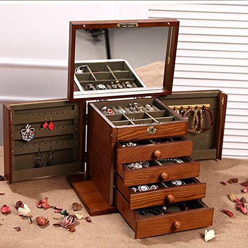 Changsuo Cherry Wooden Jewelry Box for Women Lockable Organizer with Mirror and Compartments