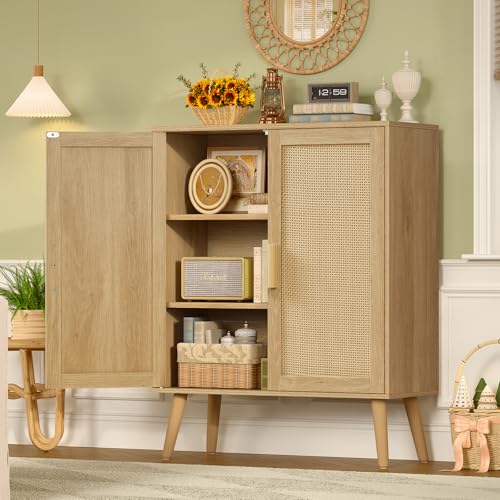 Natural Rattan Storage Cabinet with 2 Doors, Sideboard Buffet for Living & Dining Room
