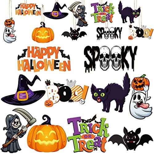 Gerrii 40 Pieces Halloween Ornaments Wooden Halloween Tree Decorations Pumpkin Ghost Witch Hat Skeleton Mini Hanging Ornaments with Rope for DIY Indoor Outdoor Party Decor(Classic Word Style)
