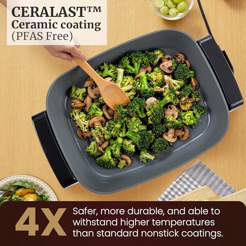 12.5Qt Electric Skillet with Ceramic Non-Stick Coating - PFAS-Free, 1500W, Adjustable Temp