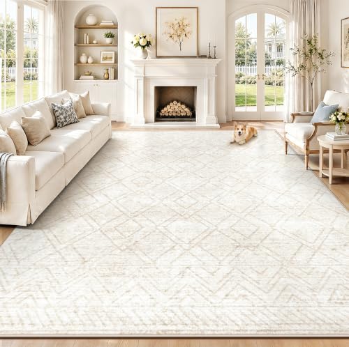 TENGTENGLINK Beige 8x10 Washable Geometric Area Rug - Non-Slip Indoor Carpet for Living Room & Bedroom