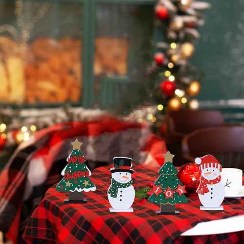 DECSPAS Christmas Decorations Indoor, 4 PCS Wood Christmas Trees & Snowmen for Centerpiece Table Decorations, Wooden Tiered Tray for Xmas Decor, Home, Winter, Tabletop, Mantel, Shelf, Gifts