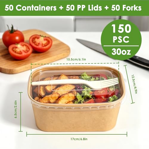 Brown 30oz Disposable Kraft Paper Food Containers with Lids & Forks - Takeout & Meal Prep