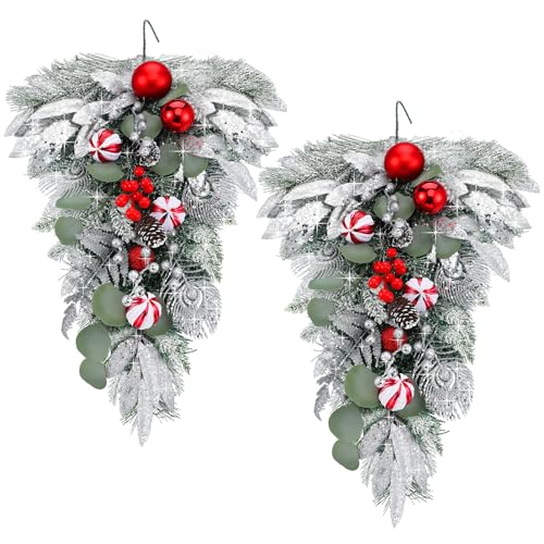 FineCheer 2 Pcs Christmas Teardrop Swags 22 Inch Frosted Pine Berries - Berries Variant