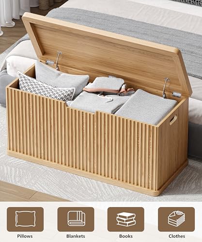 Large Wooden Storage Chest - Fluted Design with Safety Hinges, 37.4" Wide, Oak Finish, Variation of 15.4" D x 37.4" W x 17.9" H