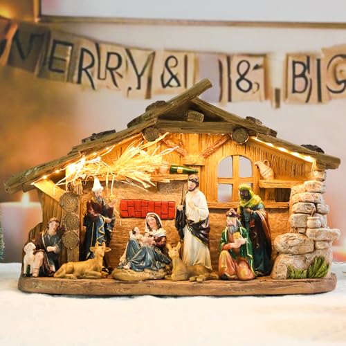 Chonsun 10.2 Inch Nativity Scene Indoor Christmas Village Manger Nativity Set