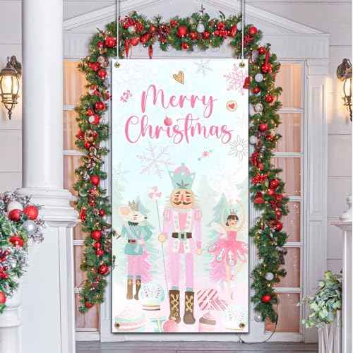 Pink Nut-cracker Christmas Door Cover Decoration, Merry Christmas Supplies, Nut-cracker Door Hanging Backdrop for 2023 Winter Xmas Decoration