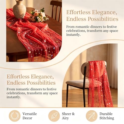 ShinyBeauty 28x120 Inch Red Iridescent Star Gauze Table Runner for Christmas & Holiday Decor