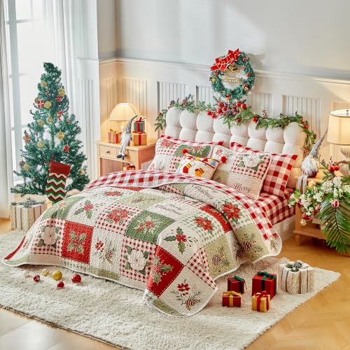Christmas Patchwork Quilt Set Twin Size - 2 Pieces Green Red Plaid Bedding
