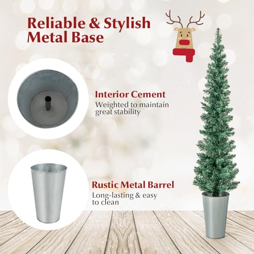Set of 3 Slim Potted Artificial Christmas Trees with Iron Buckets, Outdoor Yard Decor