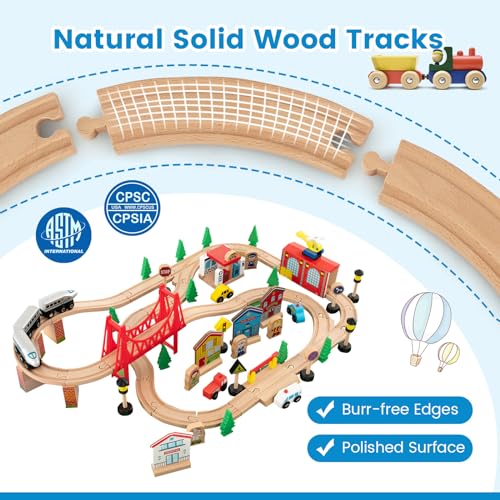 Costzon Wooden Train Table for Kids 32.5 x 23.5 x 16 Inches with 80-Piece Playset, Reversible & Detachable Surface, Multi-Color