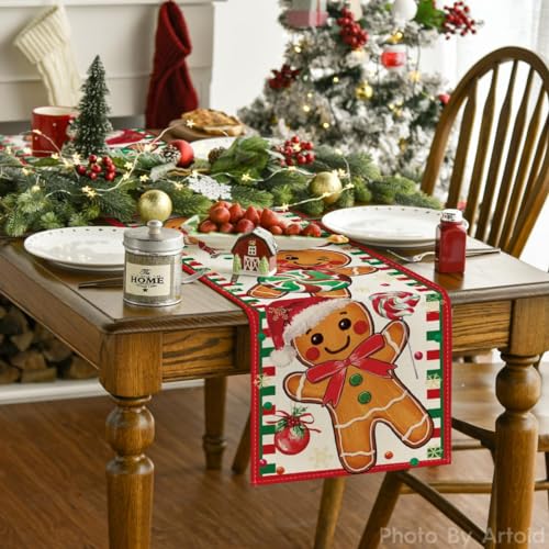 Artoid Mode Gingerbread Xmas Table Runner 13x72 Inch Red Holiday Decor