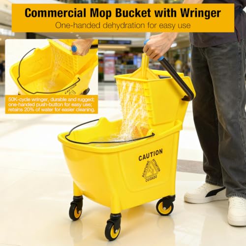 35Qt Commercial Mop Bucket with Side Press Wringer on Wheels - Yellow