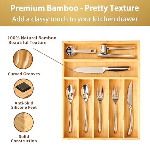 17-Inch Bamboo Drawer Organizer with 7 Slots - Extra Deep Utensil Tray for Flatware & Knives