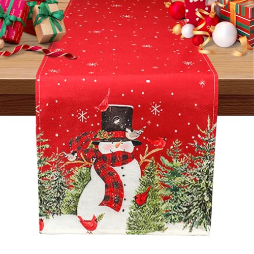 Christmas Table Runner, Xmas Table Runners for Table, Snowman Trees Snowflakes Red Winter Table Runner Xmas Dining Table Decorations for Christmas Party Holiday Home Kitchen Decorations, 13x72 Inch