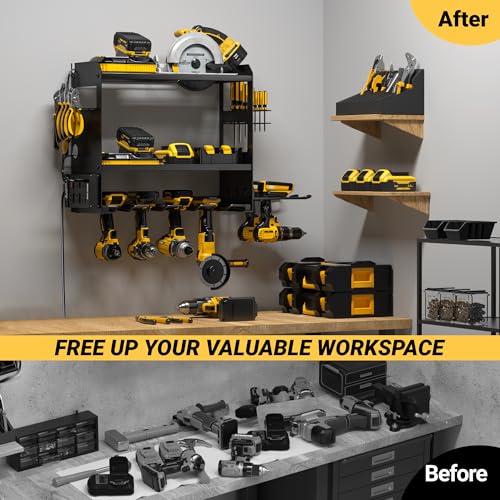 Wall Mount Power Tool Organizer with Charging Station Black - Heavy Duty Drill Rack & Battery Storage