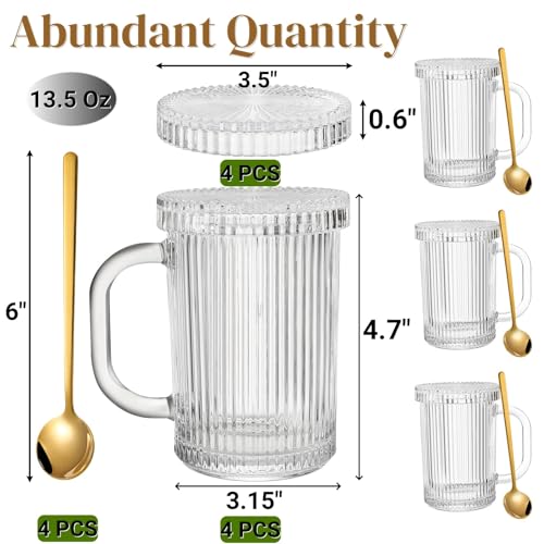 Noamus 4-Pack 13oz Glass Coffee Mugs with Lids & Spoons - Clear Drinking Set