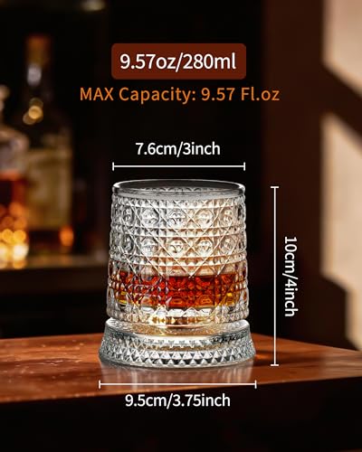 CEEFU Gem Cut 360° Spinning Whiskey Glass Set of 4 with Gift Box & Ice Ball Molds