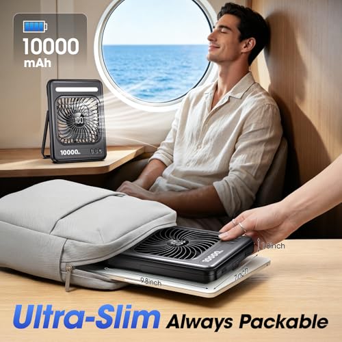 Portable Travel Fan with 10000mAh Power Bank and LED Lantern - Black