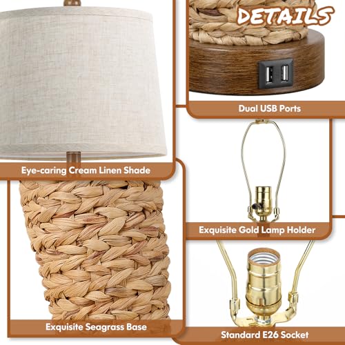 Natural Vase Set of 2 Rattan Table Lamps with USB Charging Ports - Farmhouse Rustic Woven Seagrass Bedside Lamps for Living Room & Bedroom - Cream Shade