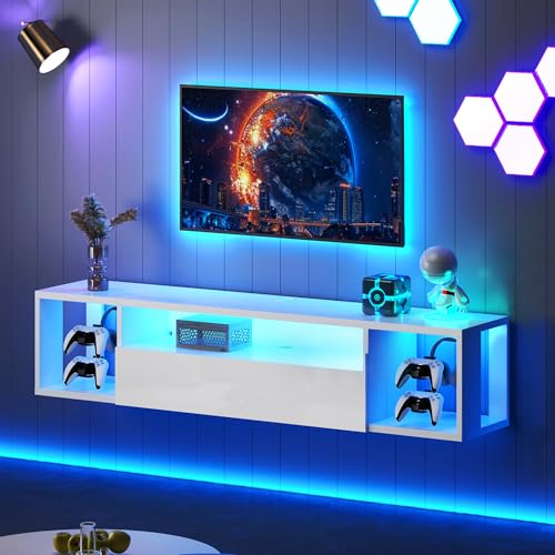 DlandHome 55.1" White Floating TV Stand with LED, Modern Wooden Entertainment Center