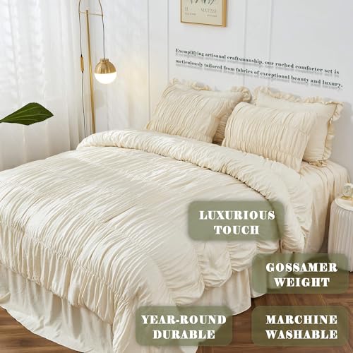 Wheat Queen Size Ruching Comforter Set - Luxurious Bedding with Shabby Chic Ruffles