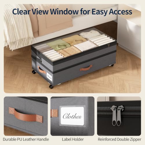 Yecaye 90L Under Bed Storage with Wheels - Grey 2 Pack, Adjustable Height