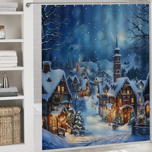 Christmas Tree Town Cabin Shower Curtain Set with Toilet Lid Cover & Rugs - Winter Holiday Bathroom Decor, 72x72 Inches