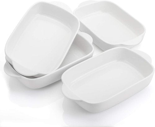 Foraineam Bakeware Set - 4 White Porcelain Baking Dishes | 7.5 x 5 Inch Rectangular Pans for Cooking & Banquets