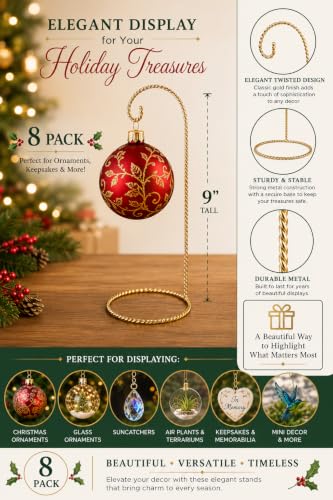 8 Pack Brass Christmas Ornament Display Stands - 9 Inch Metal Holders for Holiday Decor