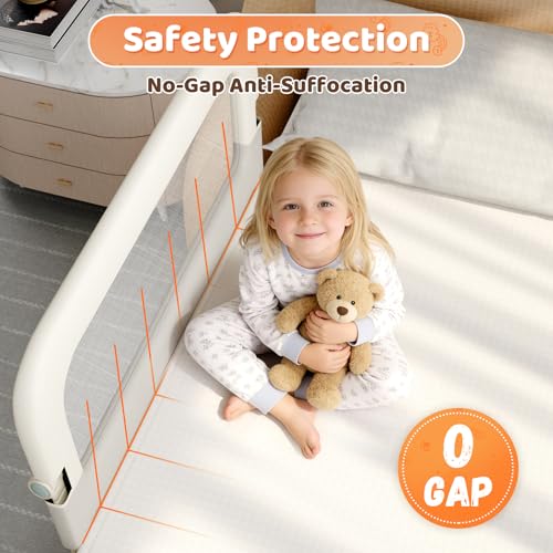 Omzer 32-Inch Foldable Toddler Bed Rail Guard - White with Grey Safety Side for Baby