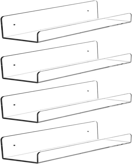 CY Craft Clear Acrylic Floating Shelves - 15 Inch Wall-Mounted Display Ledge | Set of 4 for Kitchen, Bathroom, Office