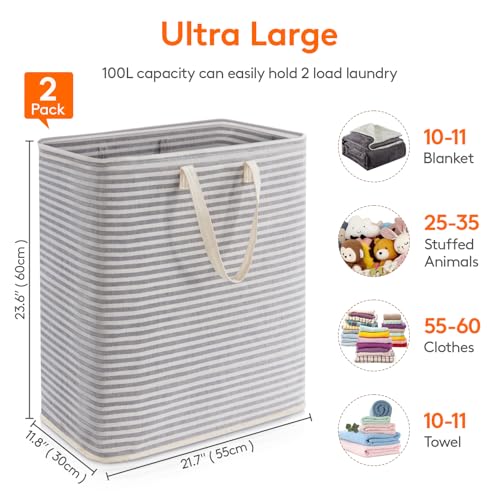 Large Laundry Basket 100L Grey Collapsible & Freestanding - 2 Pack