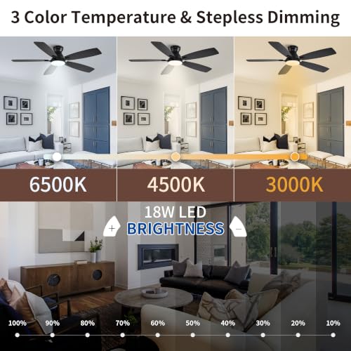 NKPU 52 Inch Black Ceiling Fan with Lights, Remote & APP Control, Low Profile Flush Mount DC Motor, Indoor/Outdoor
