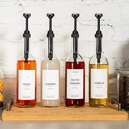 Glass Coffee Syrup Dispenser Set of 4 with Pumps & Labels - 25.4 oz / 750 ml