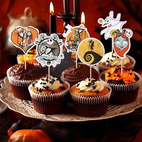Rsstarxi 42 Pack Nightmare Before Baby Shower Cupcake Toppers Skull Ghost Christmas Cupcake Food Picks Jack Skellington Halloween Cake Decorations for Halloween Birthday Party Decorations