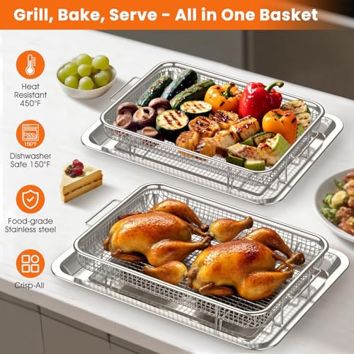 Large & Medium Stainless Steel Air Fryer Basket Set for Oven - 2 Pack, Mesh Crisper Trays