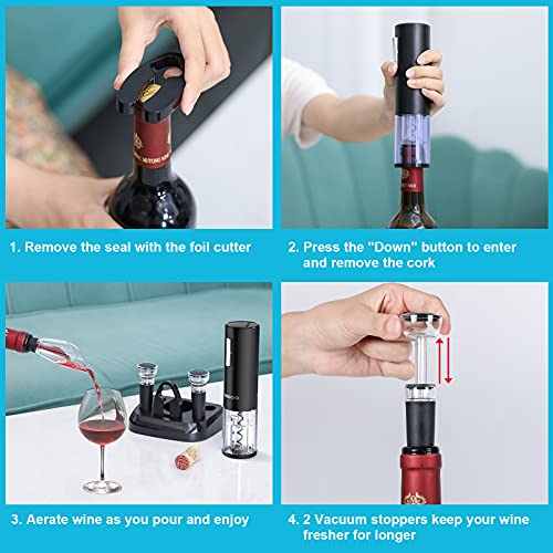 Black Electric Wine Opener Set with Charging Base, 2-in-1 Aerator & Pourer, Vacuum Stoppers & Foil Cutter