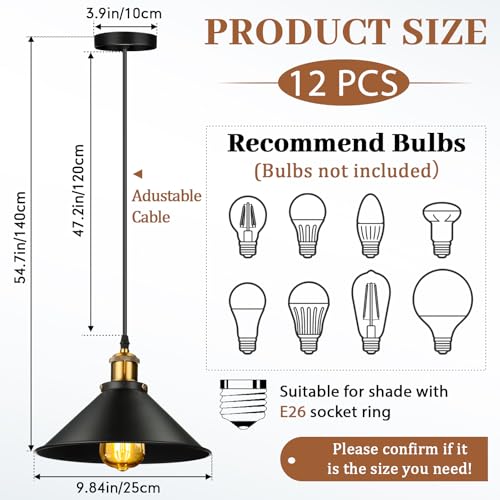 Retisee Black Industrial Pendant Light 12 Pack Vintage Metal E26 Fixtures