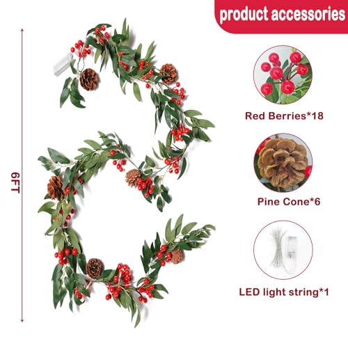 Willow Leaf 6ft Pre-lit Christmas Garland with Lights, 4 Pack with Red Berries & Pine Cones (Indoor/Outdoor) - tiuire