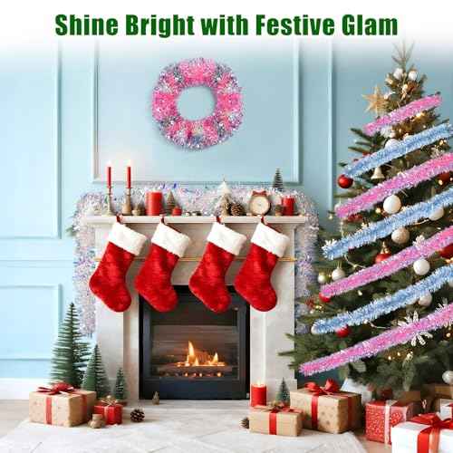 Christmas Tinsel Garland for Xmas, Wedding, Birthday, Home Party Decor, Shiny and Reusable 20 Ft Holiday Christmas Tree Garland Decoration (Light Blue)