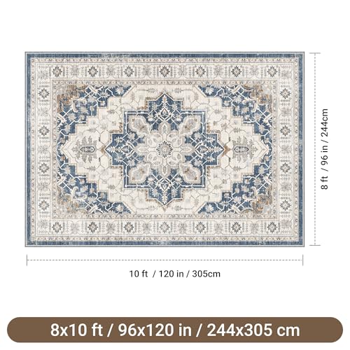 Blue 8x10 Washable Non-Slip Area Rug for Living Room