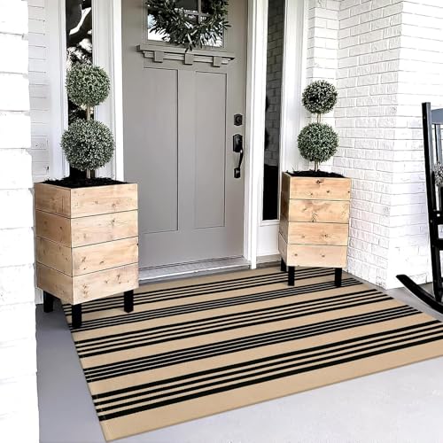 Outdoor Rug 3x5 ft Black and Tan Striped Porch Mat - Farmhouse Decor, Durable & Easy to Clean - Variation: Tan/Black Stripe / 3' x 5'